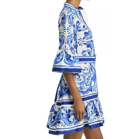 FARM Rio Garden Tiles Bell Sleeve Mini Dress Blue White Sz Large New - Picture 2 of 11